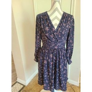 Gal Meets Glam Dress Womens 12 Blue Pink Floral Kelsey Long Sleeve Fit Flare